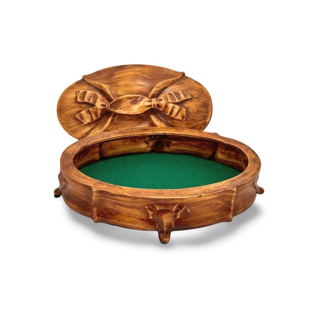 Coquette Storage Porcelain Oval Box W/ Lid Faux Wood Glazed Finish - Vintage